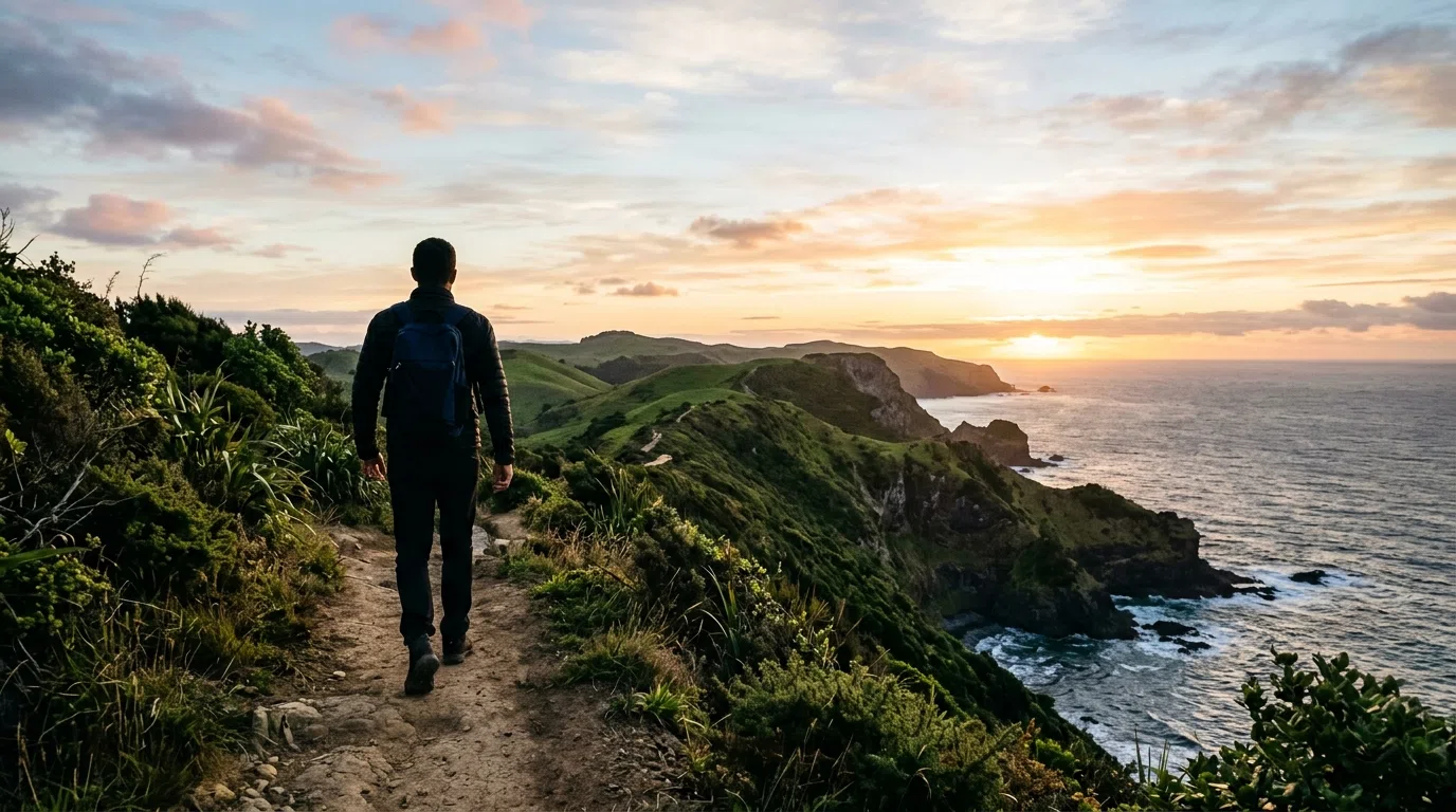 Anonymous man walking a New Zealand coastal trail at sunrise, active lifestyle scene