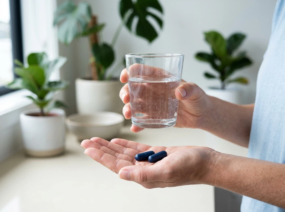 Hands holding a glass of water and men's wellness capsules in morning kitchen light