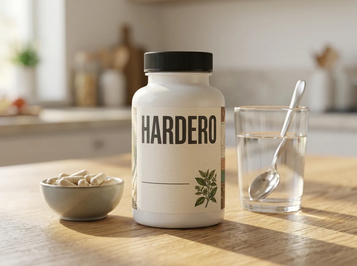 Hardero supplement bottle with pumpkin seeds and tomatoes - lifestyle flat-lay